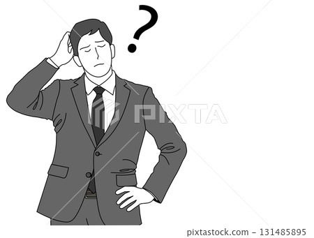 Illustration of a businessman worried about doubts, upper body front, monochrome Illustration of a businessman worried about doubts, upper body front, monochrome 131485895