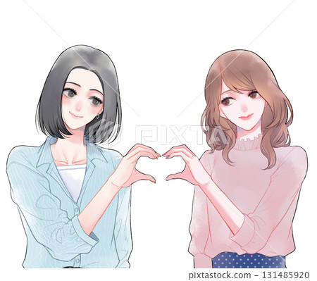 一對女性情侶擺出心形姿勢的插圖 一對女性情侶擺出心形姿勢的插圖 131485920