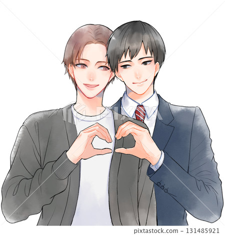 一對男情侶擺出心形姿勢的插圖 131485921