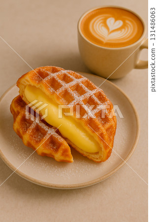 Custard waffle and cafe latte 131486063