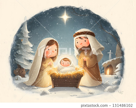 Painting of a man, woman and baby in a nativity scene 131486102