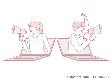 People with loudspeakers screaming from megaphones 131486267