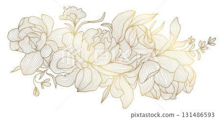 Luxury floral vector background, golden peony outlines, botanical leaves, elegant line patterns, Japanese, Chinese art. Wedding invitation, spring card, oriental wallpaper, decorative template. Luxury floral vector background, golden peony outlines, botanical leaves, elegant line patterns, Japanese, Chinese art. Wedding invitation, spring card, oriental wallpaper, decorative template. 131486593