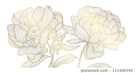 Luxury floral vector background, golden peony outlines, botanical leaves, elegant line patterns, Japanese, Chinese art. Wedding invitation, spring card, oriental wallpaper, decorative template. Luxury floral vector background, golden peony outlines, botanical leaves, elegant line patterns, Japanese, Chinese art. Wedding invitation, spring card, oriental wallpaper, decorative template. 131486594