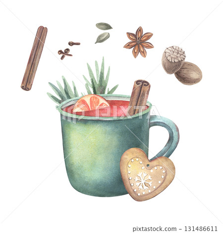 Mulled wine poster, cookie, clove, star anise, nutmeg, cardamom, cinnamon stick. Hand-painted watercolor illustration isolated on white for kitchen prints, menu, cards, seasonal decor, holiday designs 131486611