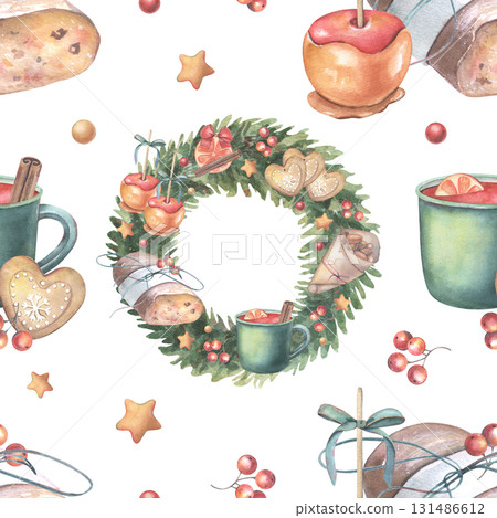 Seamless Christmas pattern with festive food: wreath, mulled wine, stollen, caramel apples. Hand-painted watercolor illustration isolated on white for printing on textile, packaging, festive decor 131486612