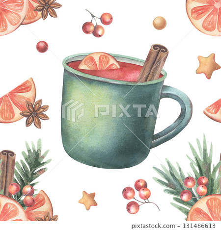 Seamless holiday pattern with mulled wine, orange slices, berries, stars. Hand-painted watercolor illustration isolated on white for printing on textile, packaging, wrapping paper, festive decor, 131486613