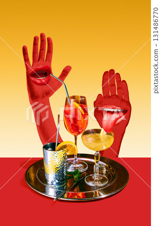 Abstract collage of cocktails with red surreal hands and playful mouths Abstract collage of cocktails with red surreal hands and playful mouths 131486770