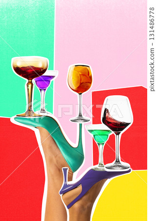Colorful collage. High heels balancing multiple colorful cocktail glasses in surreal collage 131486778