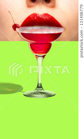 Trendy composition. Lips merged with cocktail glass of red drink and cherry garnish 131486779