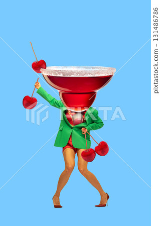 Colorful collage. Cocktail glass with human body in green jacket holding cherries on sticks Colorful collage. Cocktail glass with human body in green jacket holding cherries on sticks 131486786