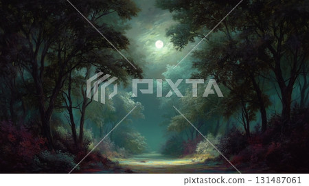 A magical forest path illuminated by the full moon 131487061