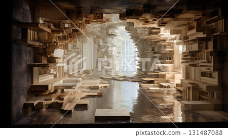 A corridor of light and water that fills the wooden labyrinth 131487088