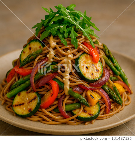 色彩繽紛的蔬菜日式蕎麥麵沙拉 131487125