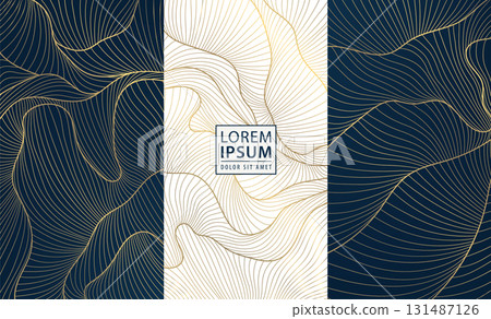 Abstract vector background, golden contour lines, wavy patterns, organic textures, topography, sea, mountain landscapes. Elegant luxury design for wine labels, banners, templates 131487126