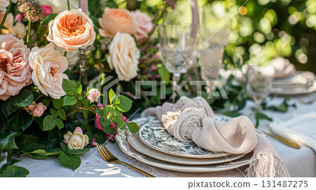 Table setting with rose flowers and candles for an event party or wedding reception in summer garden. 131487275