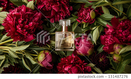 Perfume bottle with beautiful flowers. Beauty concept. Flat lay, top view 131487276
