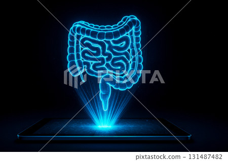 Holographic projection of human intestines glowing above a digital tablet Holographic projection of human intestines glowing above a digital tablet 131487482