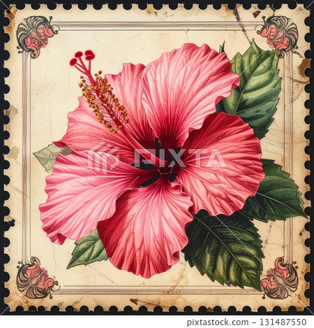 Vintage postage stamp featuring hibiscus flowers 131487550