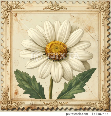 Vintage postage stamp featuring daisy flowers 131487563