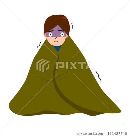 A sick man wrapped in a blanket. Feeling unwell. High temperature. Medical, case study and illustration concept A sick man wrapped in a blanket. Feeling unwell. High temperature. Medical, case study and illustration concept 131487746