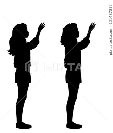 Vector illustration of black silhouette of young women reaching upward. Collection of African and European teenage girls. Vector illustration of black silhouette of young women reaching upward. Collection of African and European teenage girls. 131487852