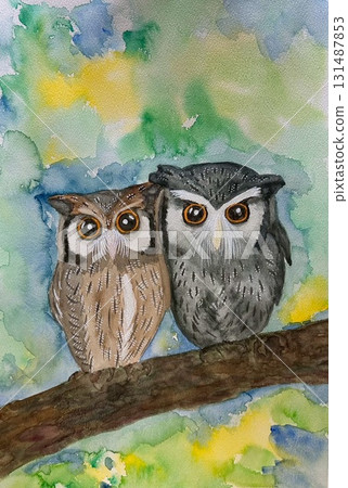 兩隻貓頭鷹擠在一起的水彩畫 兩隻貓頭鷹擠在一起的水彩畫 131487853