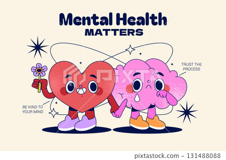 Mental Health Awareness Scene with Heart and Brain Holding Hands Together 131488088