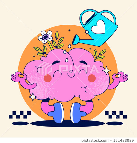 Cheerful Brain Character with Flowers and Watering Can for Mental Growth Composition 131488089