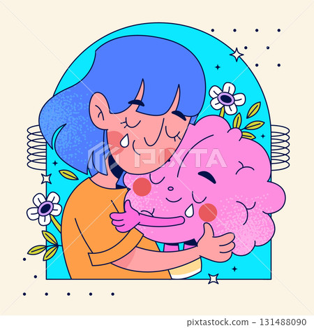 Emotional Hug Between Girl and Brain with Flowers and Tears of Healing Composition 131488090
