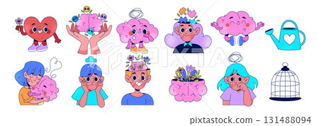 Mental Health Character Asset Set with Emotions, Brain, Heart, and Symbolic Elements Original Set 131488094