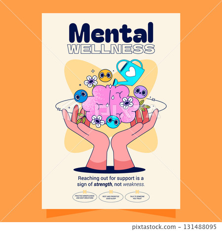 Heartwarming Poster of Hands Holding a Brain with Mental Wellness Icons 131488095