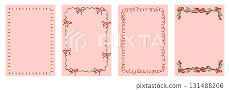 Hand drawn Christmas doodle frames with whimsical sketch borders, garland, bow, ribbon. Festive stationery and greeting card templates for holiday design. Vector illustration for seasonal backgrounds. Hand drawn Christmas doodle frames with whimsical sketch borders, garland, bow, ribbon. Festive stationery and greeting card templates for holiday design. Vector illustration for seasonal backgrounds. 131488206