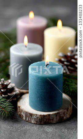 Colorful Pillar Candles with Pinecones Colorful Pillar Candles with Pinecones 131488233
