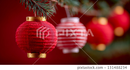 Red Paper Lantern Ornaments on Pine Branch 131488234