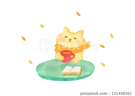 秋天：一隻可愛的貓在咖啡館裡享受閱讀和喝咖啡。水彩插圖 131488562