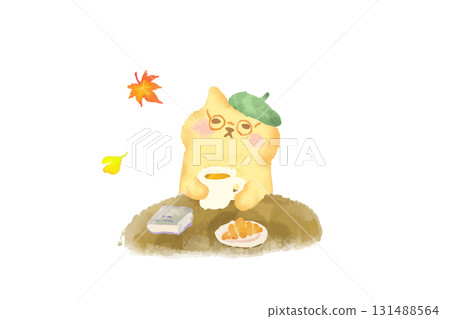 Autumn: Cute cat enjoying bread and coffee at a cafe. Watercolor illustration 131488564