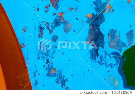 Peeling Textured Wall in Blue, Orange, Green for Abstract 90s Design Peeling Textured Wall in Blue, Orange, Green for Abstract 90s Design 131488569