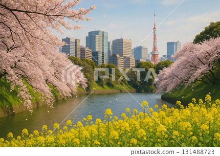 春天,東京市中心的千鳥淵盛開著逼真的櫻花和油菜花 春天,東京市中心的千鳥淵盛開著逼真的櫻花和油菜花 131488723