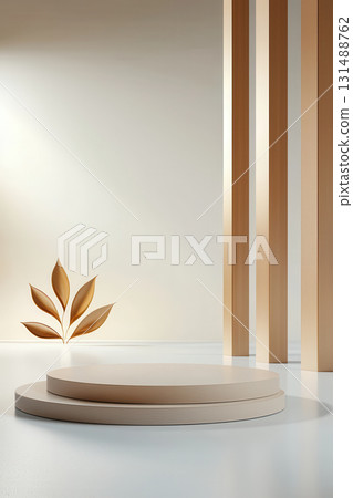 Minimalist design with circular platforms and wooden accents, featuring soft light and decorative leaf element. This serene setting evokes sense of calm and elegance 131488762