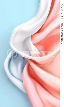 Soft fabric drapes in pastel colors of coral, white, and blue, creating serene and calming atmosphere. smooth gradient patterns radiate artistic serenity 131488772