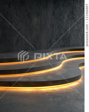 Subtle glowing waves cascading gently create harmonic motion in this 3D illustration, evoking sense of tranquility and modern design 131488807