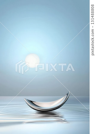 serene metallic crescent rests on calm water, reflecting soft light and creating tranquil atmosphere. gentle ripples enhance peaceful energy of scene serene metallic crescent rests on calm water, reflecting soft light and creating tranquil atmosphere. gentle ripples enhance peaceful energy of scene 131488808