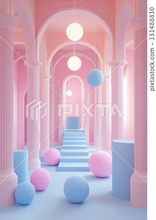 serene interior featuring pastel pink and blue geometric shapes, creating soothing atmosphere with soft lighting and elegant arches serene interior featuring pastel pink and blue geometric shapes, creating soothing atmosphere with soft lighting and elegant arches 131488810