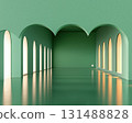 serene green interior featuring arches and soft lighting creates calming atmosphere. rhythmic patterns and translucent elements enhance tranquil space 131488828