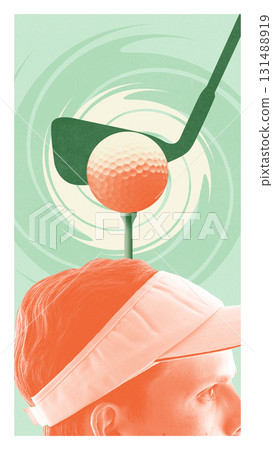 Close-up surreal composition of golf ball on tee above golfer head Close-up surreal composition of golf ball on tee above golfer head 131488919