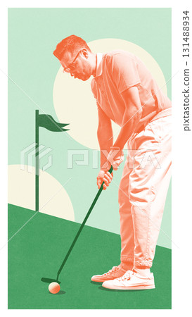 Focused golfer preparing to putt on green background with flag 131488934