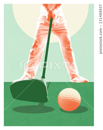 Creative collage. Close-up golf swing with large club head and ball on green course Creative collage. Close-up golf swing with large club head and ball on green course 131488937