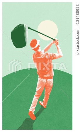 Contemporary collage. Golfer swinging oversized driver in bold surreal composition Contemporary collage. Golfer swinging oversized driver in bold surreal composition 131488938