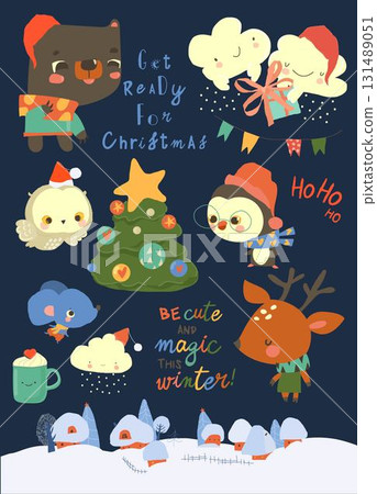 Cute Cartoon Christmas Set with Animals and Elements 131489051
